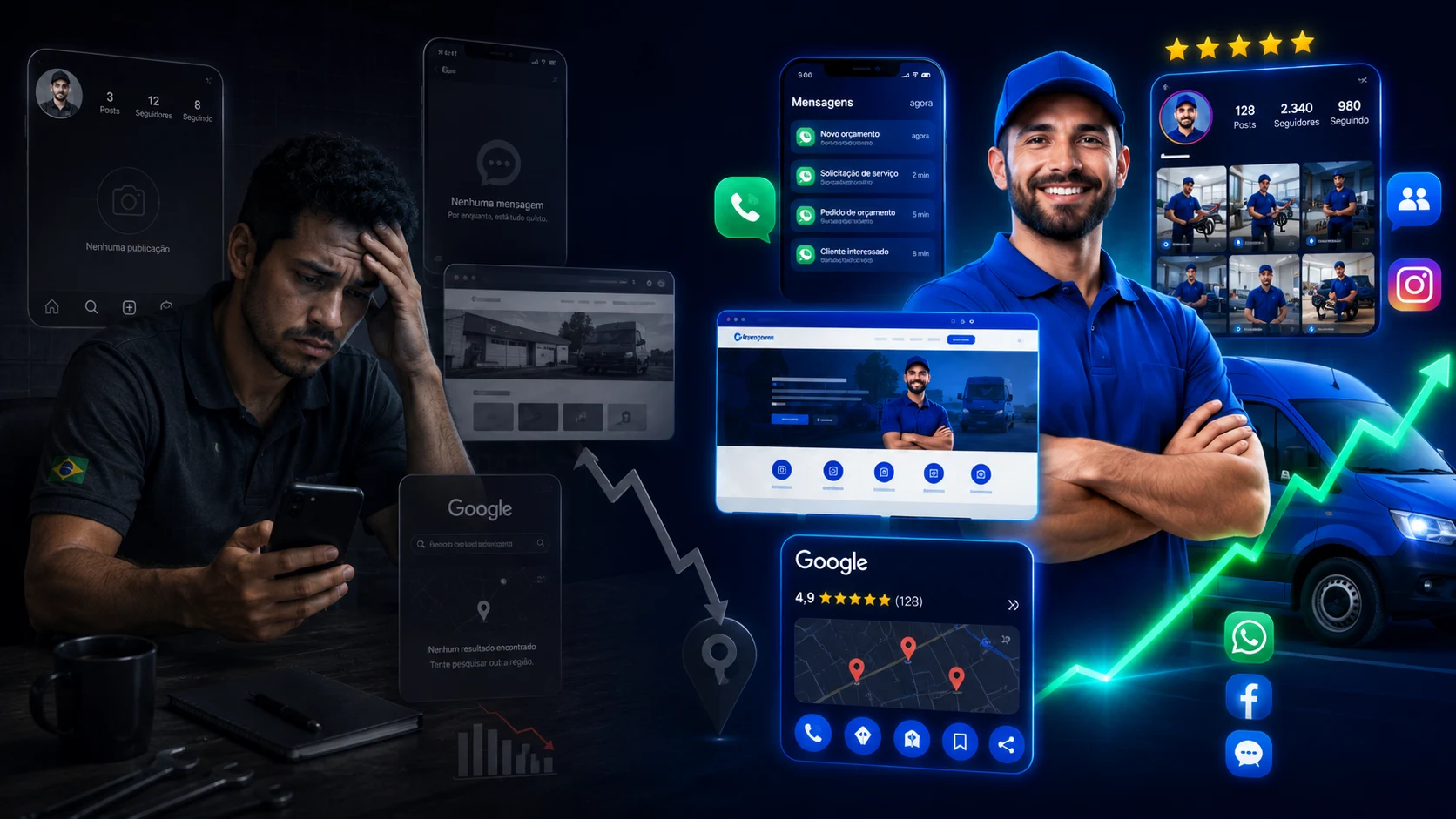 Comparação entre um negócio sem presença digital e um negócio profissional conquistando clientes